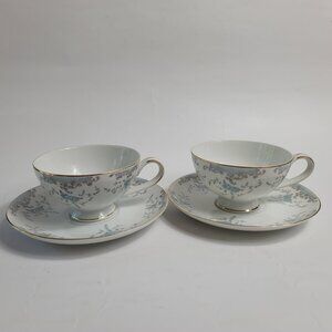 TWO Imperial China Seville Cup & Saucers White Blue Roses Gray Scrolls W. Dalton